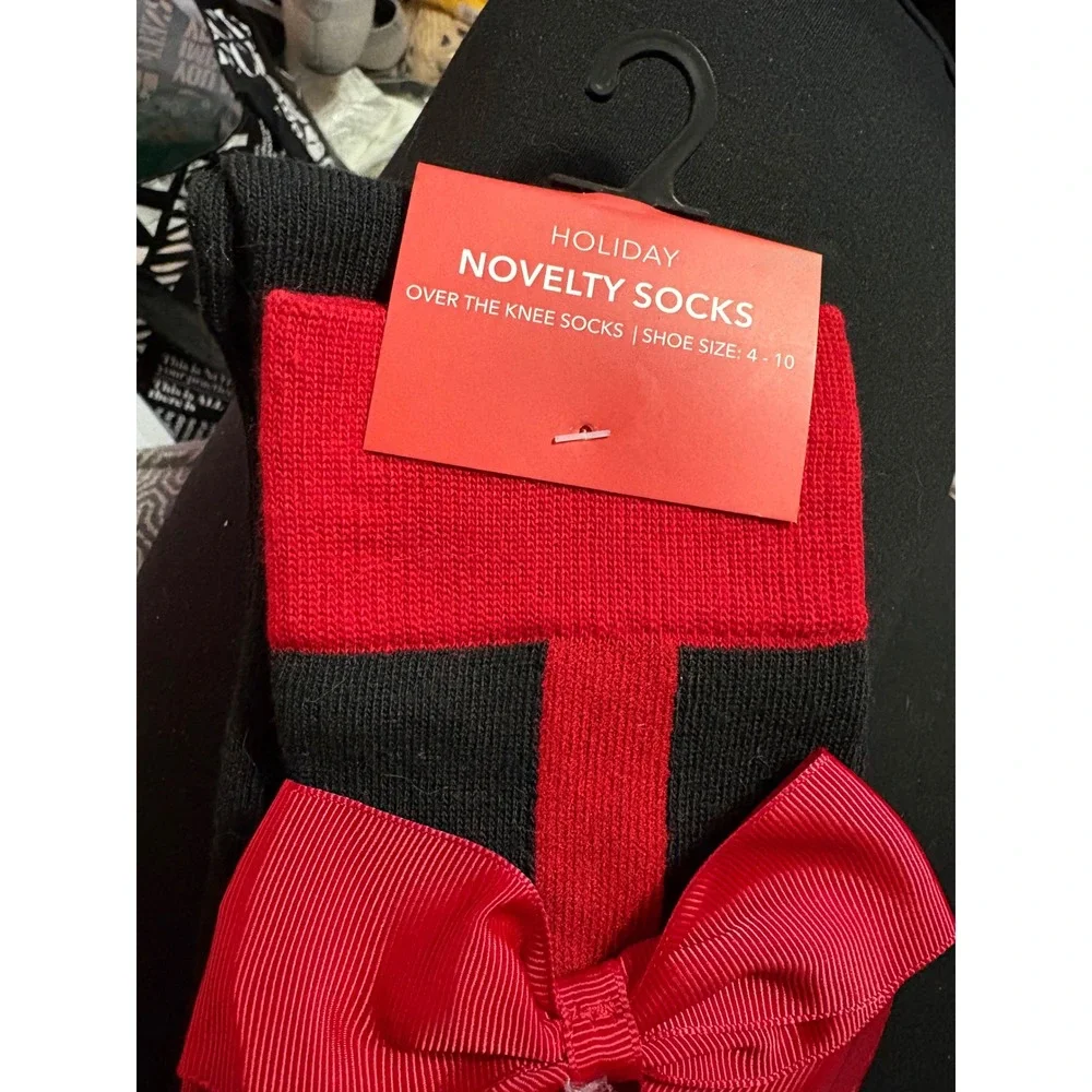 Holiday Novelty Over The Knee Socks Black Red Stripe Red Bow Shoe Size 4-10 NWT
